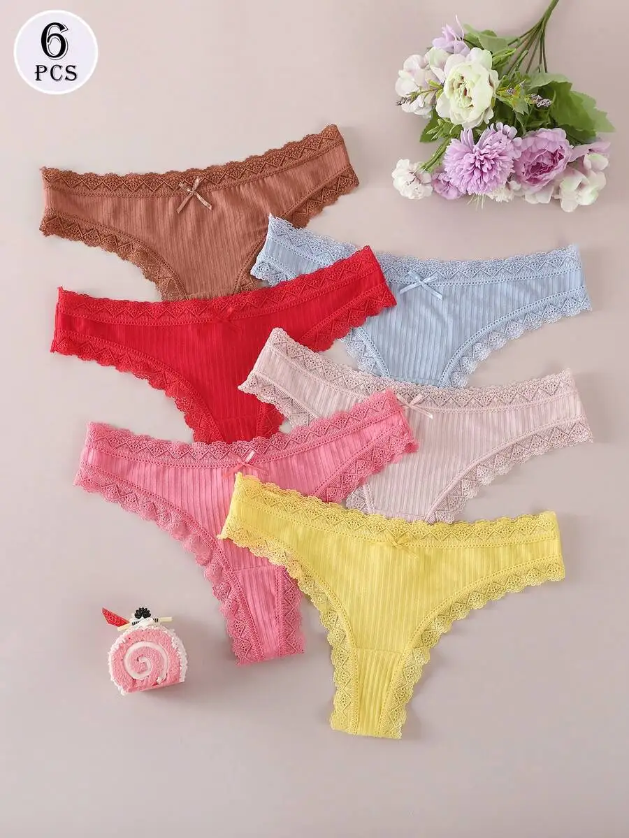 6 Pcs Womens Lace Thong Panties Mid-Waist Solid Color Underwear
6 Pcs Womens Lace Thong Panties Mid-Waist Solid Color Underwear