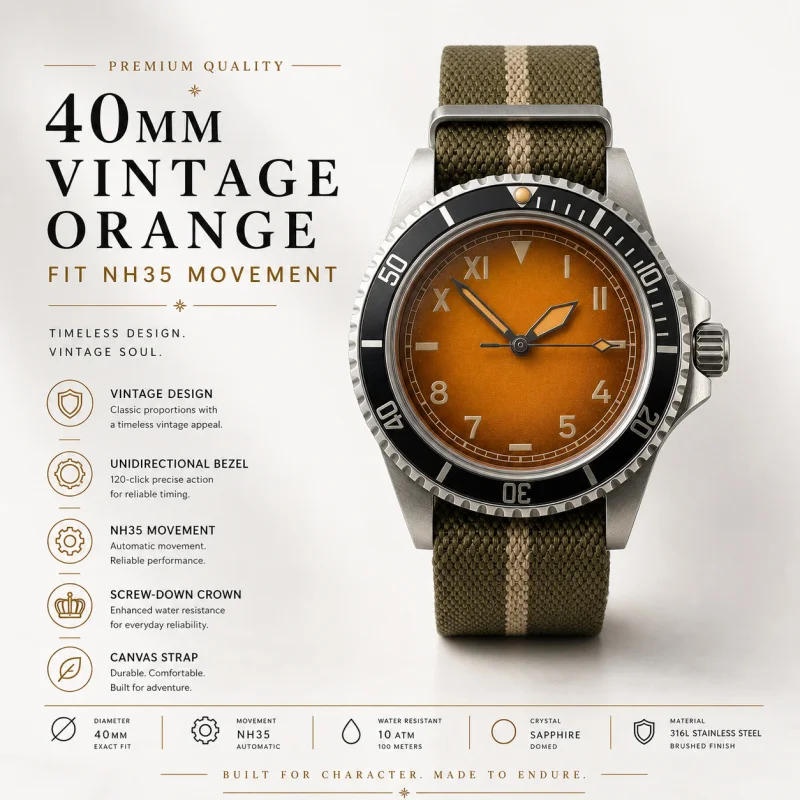 NH35 40mm Vintage Orange Watch 316L Stainless Steel Sapphire Glass 5Bar Waterproof Suitable for NH35 NH36 Automatic Movement
NH35 40mm Vintage Orange Watch 316L Stainless Steel Sapphire Glass 5Bar Waterproof Suitable for NH35 NH36 Automatic Movement