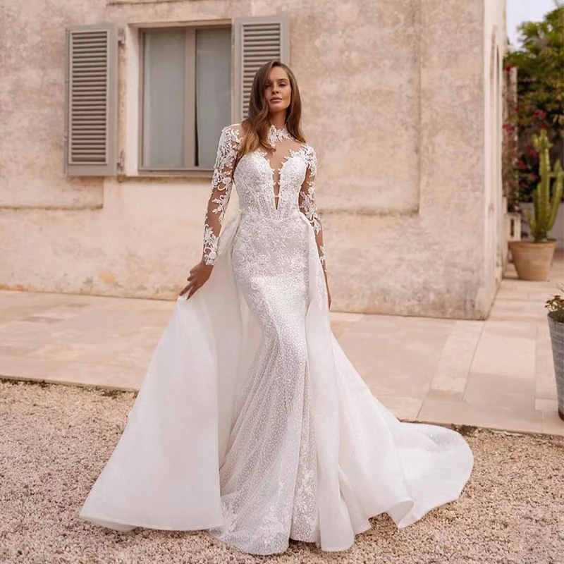Modern Detachable Train Wedding Dress Organza With Embroidery Mermaid Ball Gown High-Neck Full Sleeve Customized Bride Dress
Modern Detachable Train Wedding Dress Organza With Embroidery Mermaid Ball Gown High-Neck Full Sleeve Customized Bride Dress