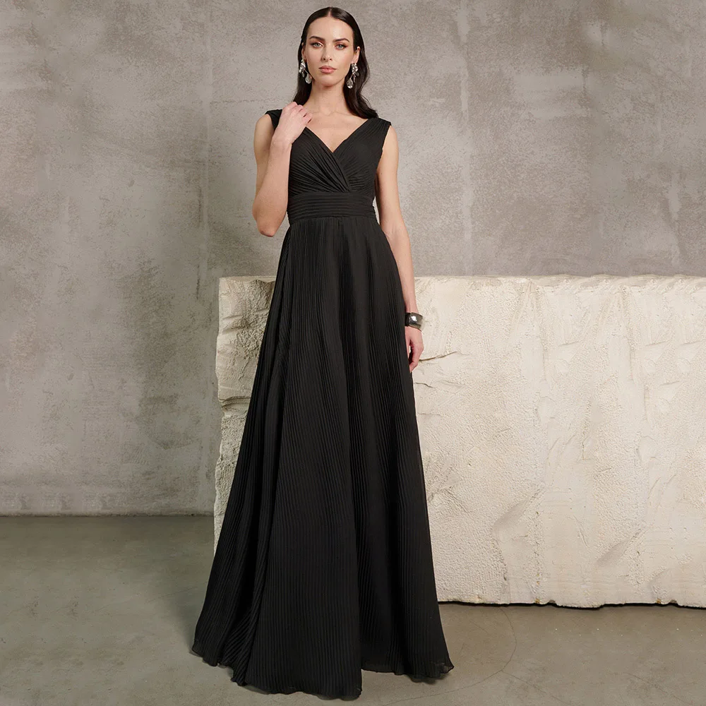Saudi Black V-Neck Sleeveless Chiffon Wedding Dress Customized Formal Occasion Pleats A-Line Backless Floor Length Prom Dresses
Saudi Black V-Neck Sleeveless Chiffon Wedding Dress Customized Formal Occasion Pleats A-Line Backless Floor Length Prom Dresses