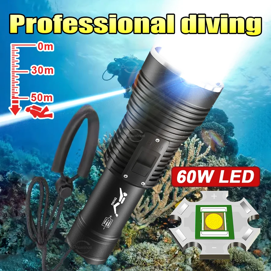 2024 New 60W Super High Power LED Diving Flashlight Rechargeable LED Diving Lamp IPX8 Waterproof Powerful LED Snorkeling Light
2024 New 60W Super High Power LED Diving Flashlight Rechargeable LED Diving Lamp IPX8 Waterproof Powerful LED Snorkeling Light