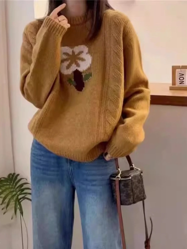 Женский осенне-зимний вязаный свитер с цветочным принтом, пуловеры с круглым вырезом, цветной кардиган, уютный свободный трикотаж, топ
Женский осенне-зимний вязаный свитер с цветочным принтом, пуловеры с круглым вырезом, цветной кардиган, уютный свободный трикотаж, топ