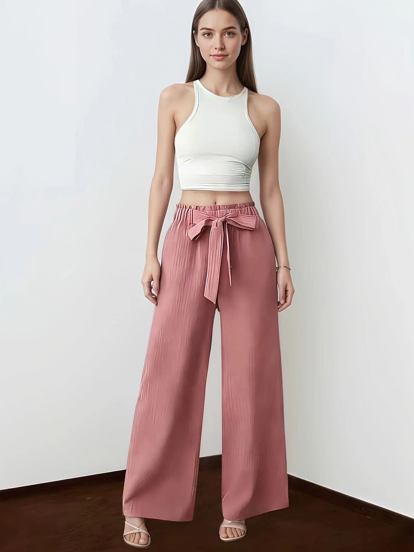 Pink Tie-Waist Wide-Leg Pants, Textured Crinkle Fabric, High-Waist Drawstring Casual Trousers
Pink Tie-Waist Wide-Leg Pants, Textured Crinkle Fabric, High-Waist Drawstring Casual Trousers