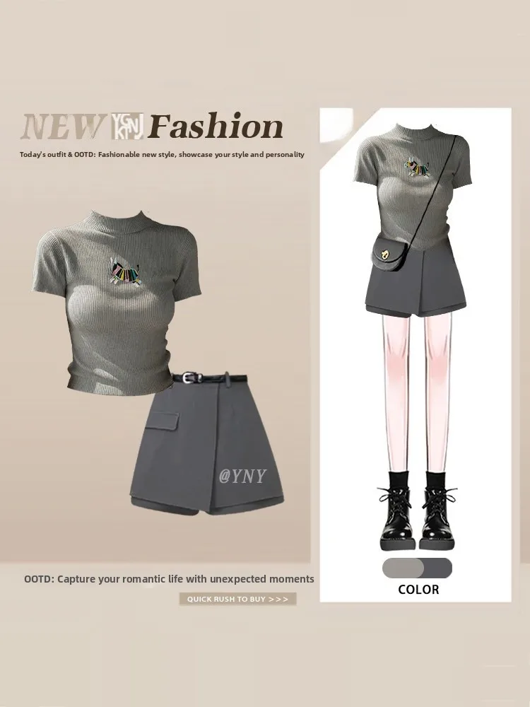 Elegant Grey Embroidered round Neck Short Sleeve Knitted T-Shirt Top Summer One-Piece Short Skirt Two-Piece Set Women
Elegant Grey Embroidered round Neck Short Sleeve Knitted T-Shirt Top Summer One-Piece Short Skirt Two-Piece Set Women