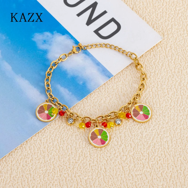 KAZX Cute Summer Fruit Charm Bracelet Gold Stainless Steel with Lemon Slice Enamel Pendant Chain Beach Party Jewelry
KAZX Cute Summer Fruit Charm Bracelet Gold Stainless Steel with Lemon Slice Enamel Pendant Chain Beach Party Jewelry