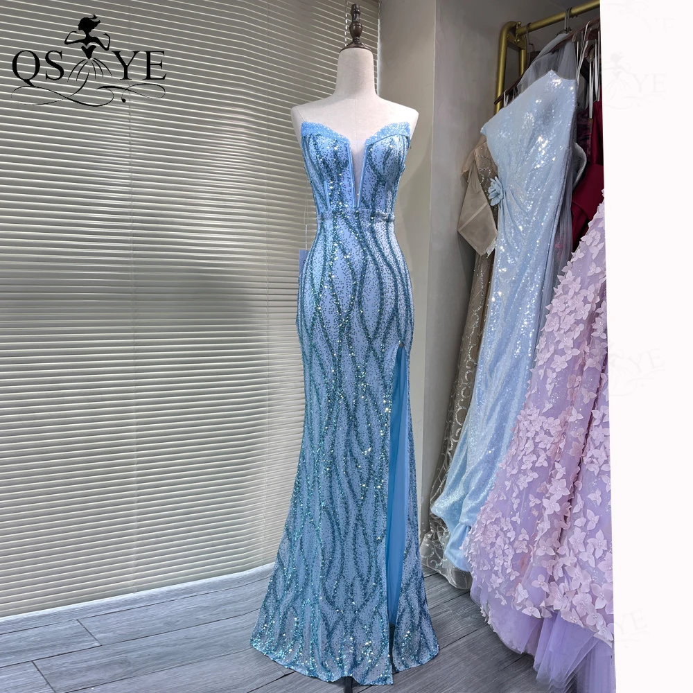 Sparkle Sequined Blue Evening Dresses Crystal Bead Neck Edge Mermaid Prom Gown Glitter Pattern V Neck Fit Women Formal Dress New 
Sparkle Sequined Blue Evening Dresses Crystal Bead Neck Edge Mermaid Prom Gown Glitter Pattern V Neck Fit Women Formal Dress New