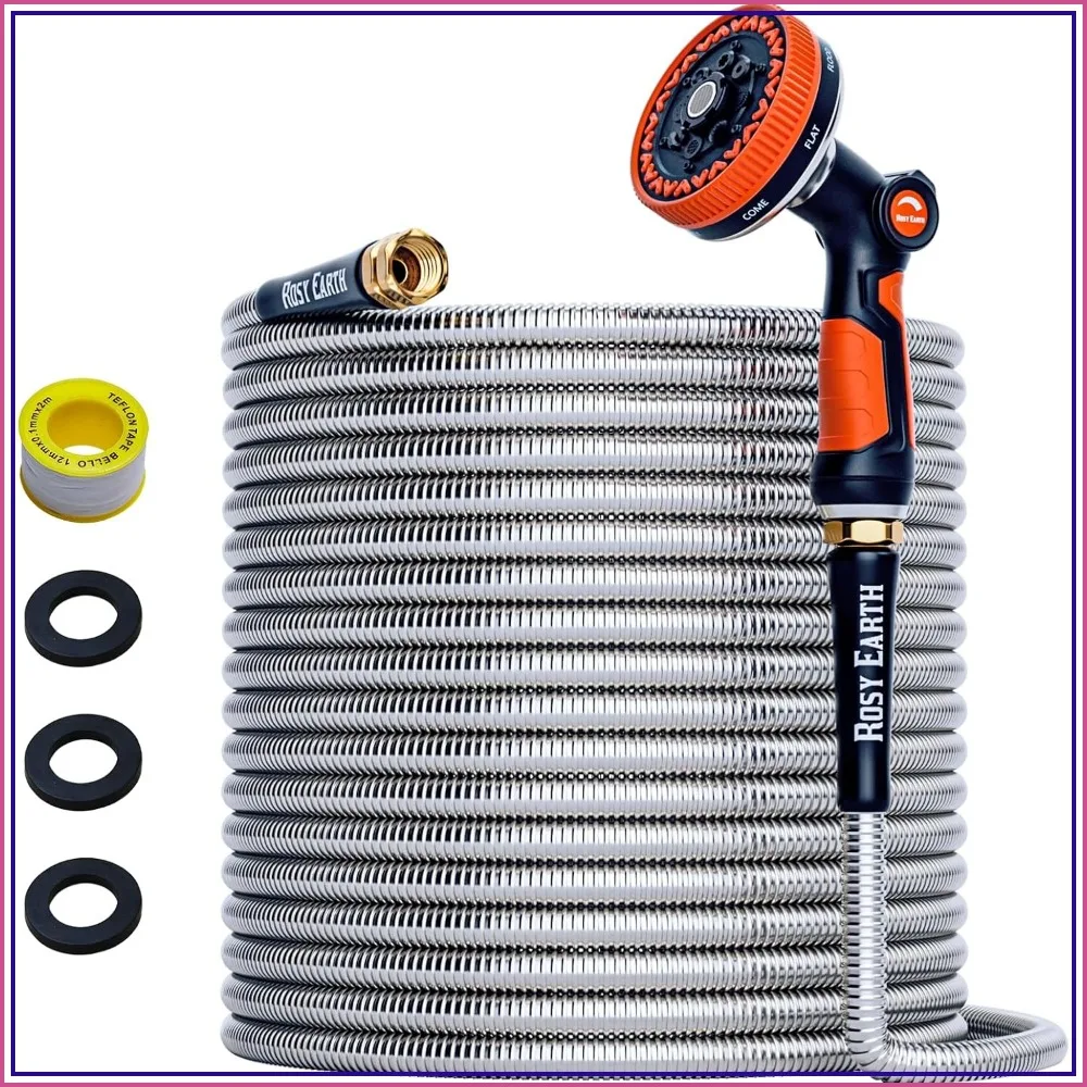 100ft Stainless Steel Garden Hose, Heavy Duty Metal Water Hose with 8-Function Nozzle, No-Kink Flexible Hose for Yard
100ft Stainless Steel Garden Hose, Heavy Duty Metal Water Hose with 8-Function Nozzle, No-Kink Flexible Hose for Yard