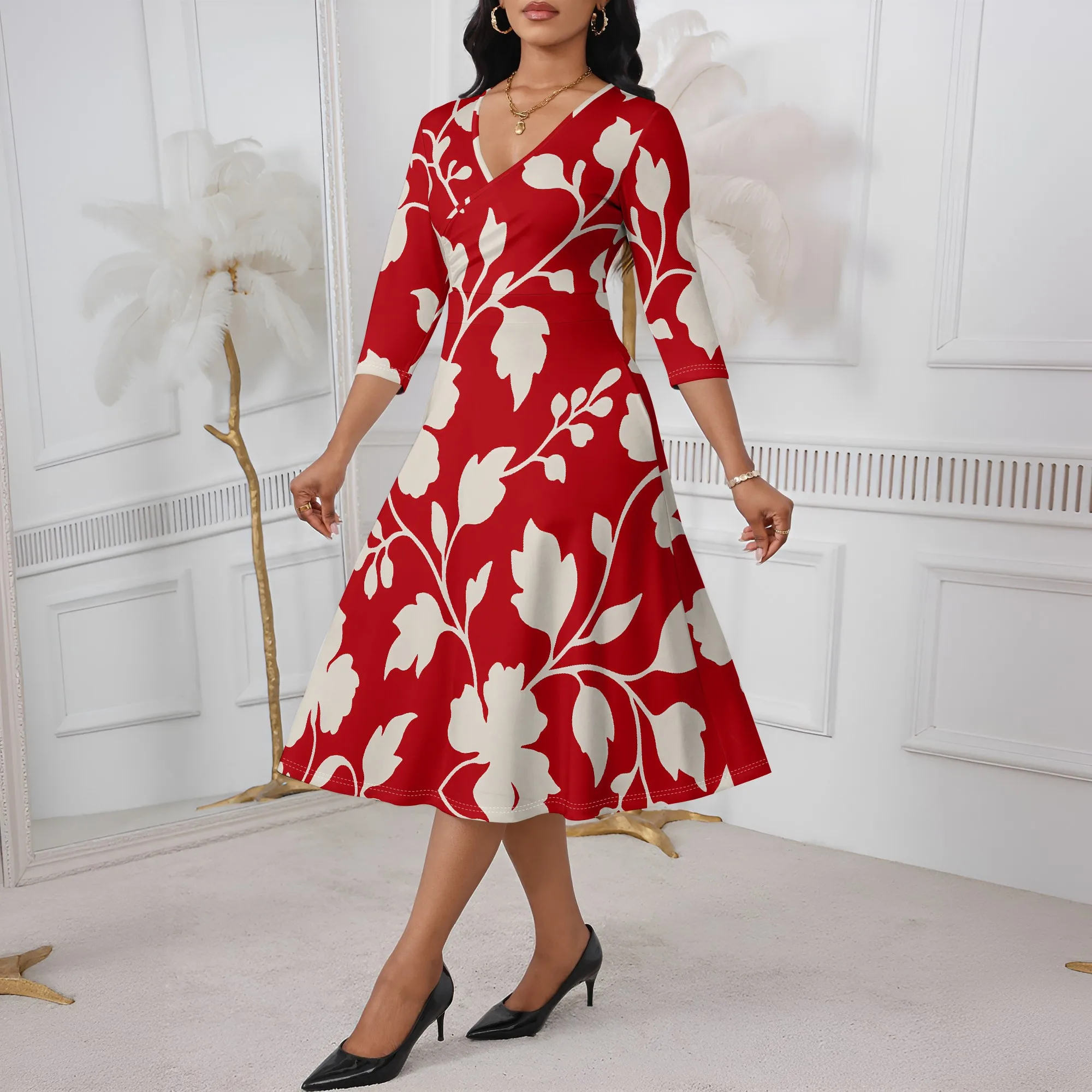 Red White Floral Print Midi Dress XS-3XL Elegant V-Neck Style for Church, Brunch or Family Gathering
Red White Floral Print Midi Dress XS-3XL Elegant V-Neck Style for Church, Brunch or Family Gathering