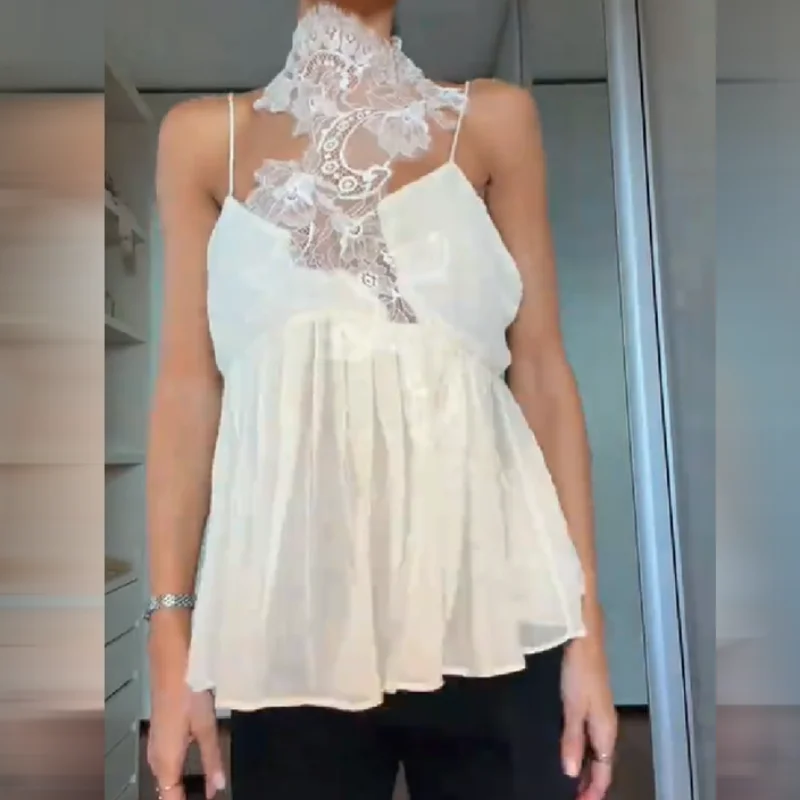 Sleeveless Blouse For Women Trendy Lace Neck Spaghetti Strap Deep V Open Back Pleated Hem T-shirt Office Casual Lady's Top
Sleeveless Blouse For Women Trendy Lace Neck Spaghetti Strap Deep V Open Back Pleated Hem T-shirt Office Casual Lady's Top