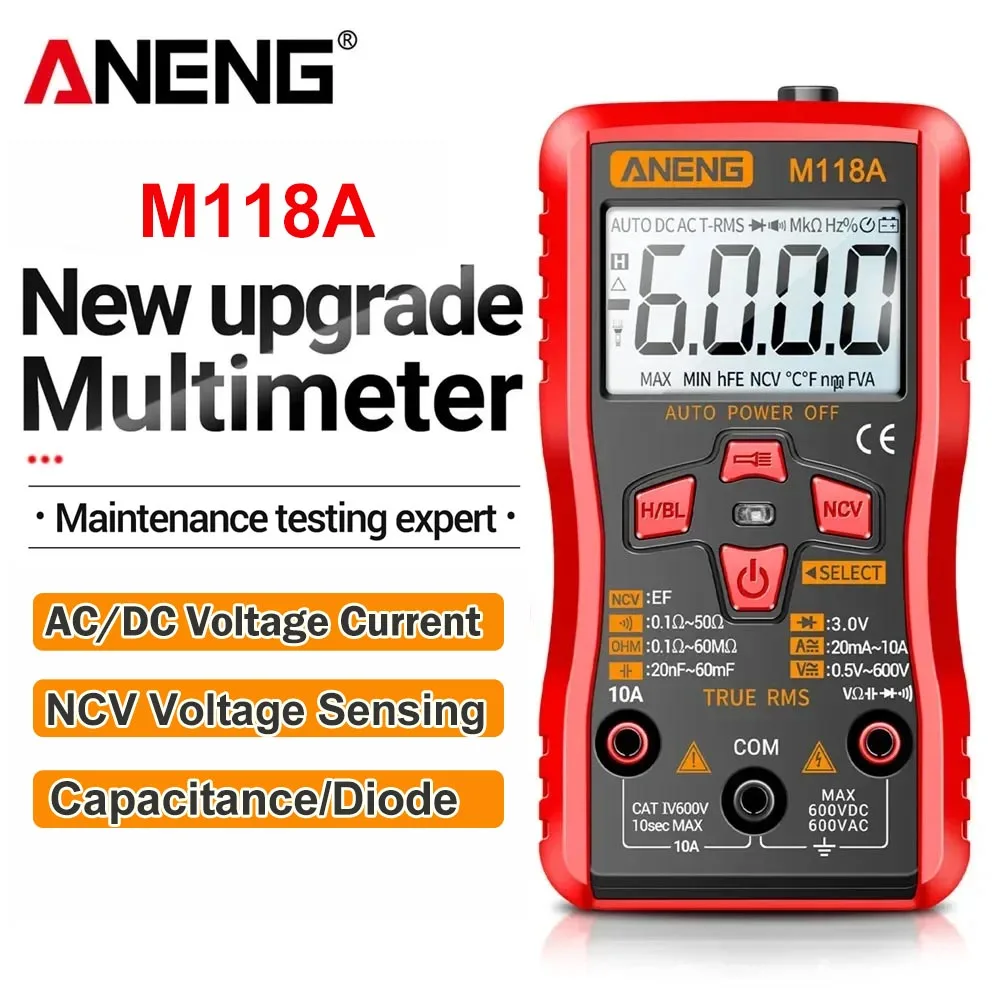 ANENG M118ADigital Multimeter Mini Mmultimetro 6000 Count AC Voltage Auto Capacitance Resistance Diode Meter NCV Tester Tool
ANENG M118ADigital Multimeter Mini Mmultimetro 6000 Count AC Voltage Auto Capacitance Resistance Diode Meter NCV Tester Tool