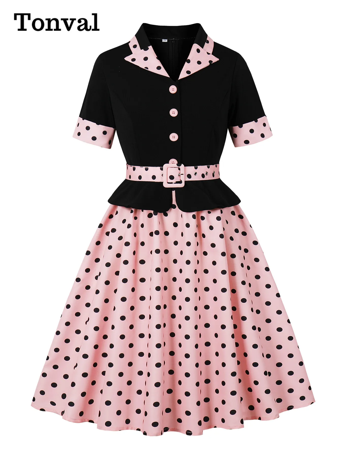 Tonval Элегантные платья с контрастным отложным воротником и баской с поясом, черные и в горошек, женское вечернее потрясающее платье в винтажном стиле
Tonval Элегантные платья с контрастным отложным воротником и баской с поясом, черные и в горошек, женское вечернее потрясающее платье в винтажном стиле