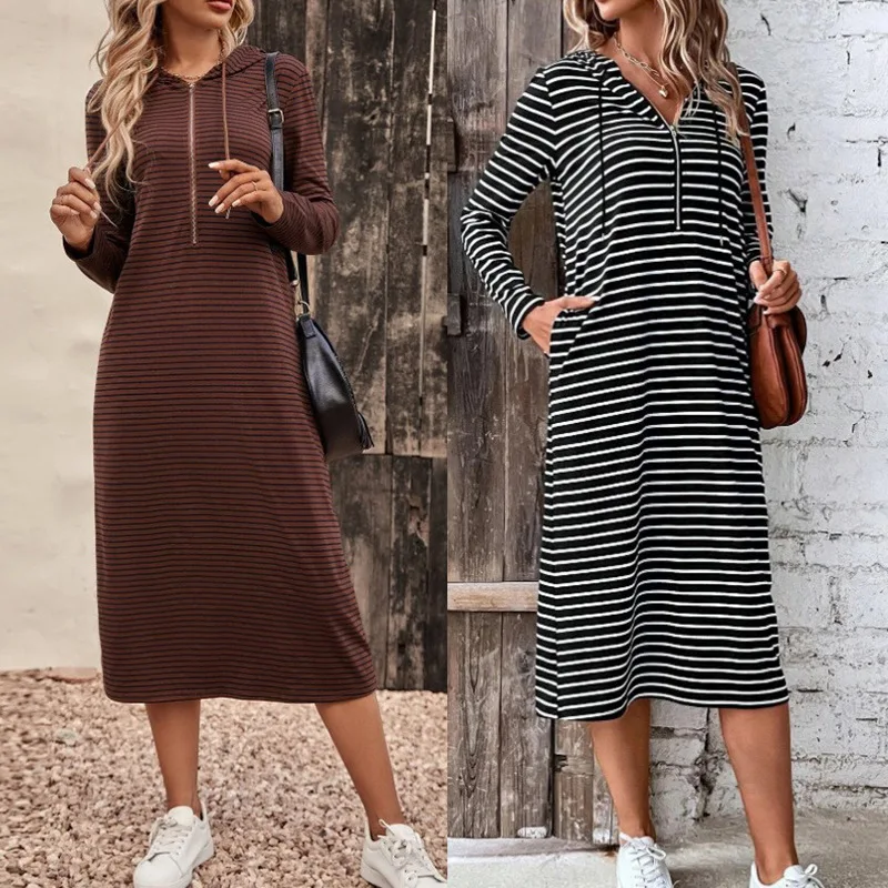Fashion Long Sleeve Stripe Midi Dress Women 2024 Autumn Zipper Hooded Casual Dresses For Women Robe Femme
Fashion Long Sleeve Stripe Midi Dress Women 2024 Autumn Zipper Hooded Casual Dresses For Women Robe Femme