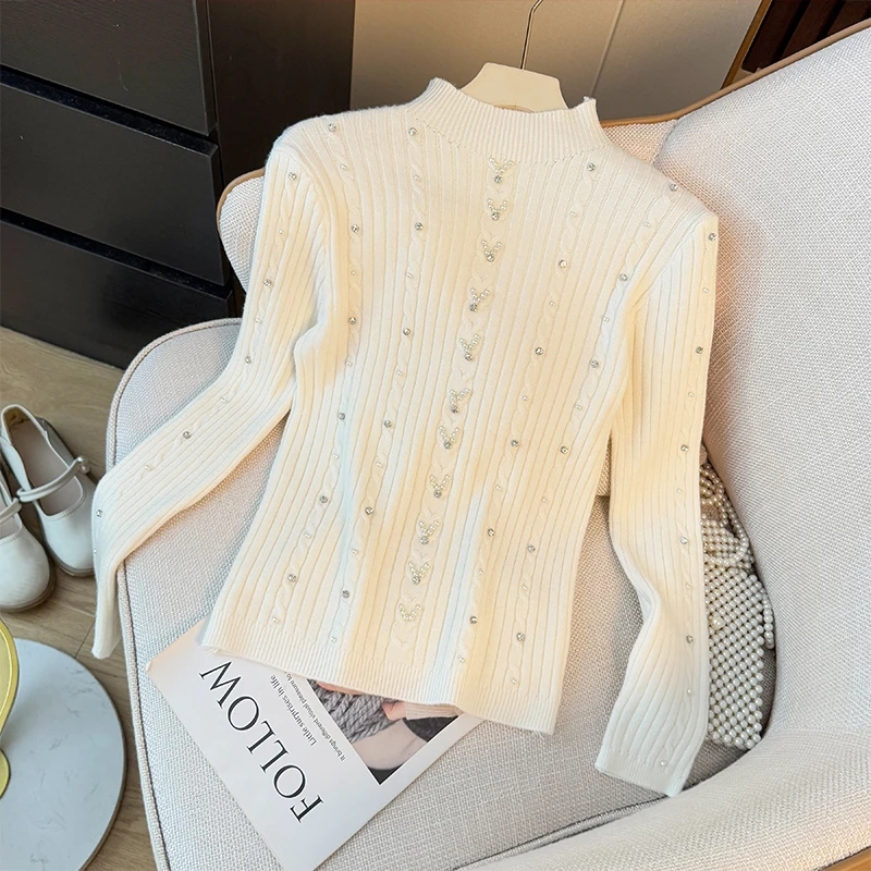 Корейский стиль, свитер с бусинами для ногтей, пуловер, женская мода, полувысокий воротник, длинный рукав, облегающий трикотаж, осенне-зимние женские топы 
Корейский стиль, свитер с бусинами для ногтей, пуловер, женская мода, полувысокий воротник, длинный рукав, облегающий трикотаж, осенне-зимние женские топы