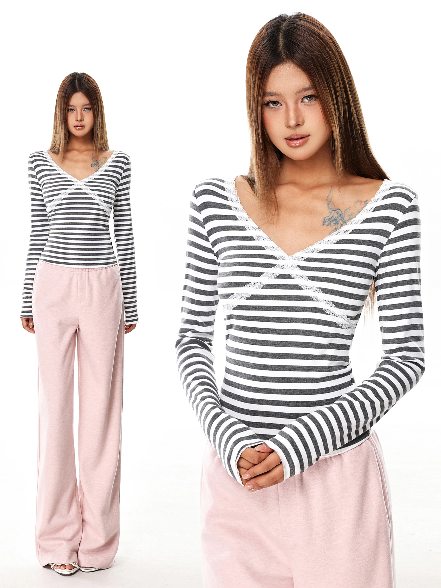 November Spicy Girl V-neck Splice Top Women's American Lace Stripes Design Sensation Slim Long Sleeve Inner Wear T-shirt
November Spicy Girl V-neck Splice Top Women's American Lace Stripes Design Sensation Slim Long Sleeve Inner Wear T-shirt