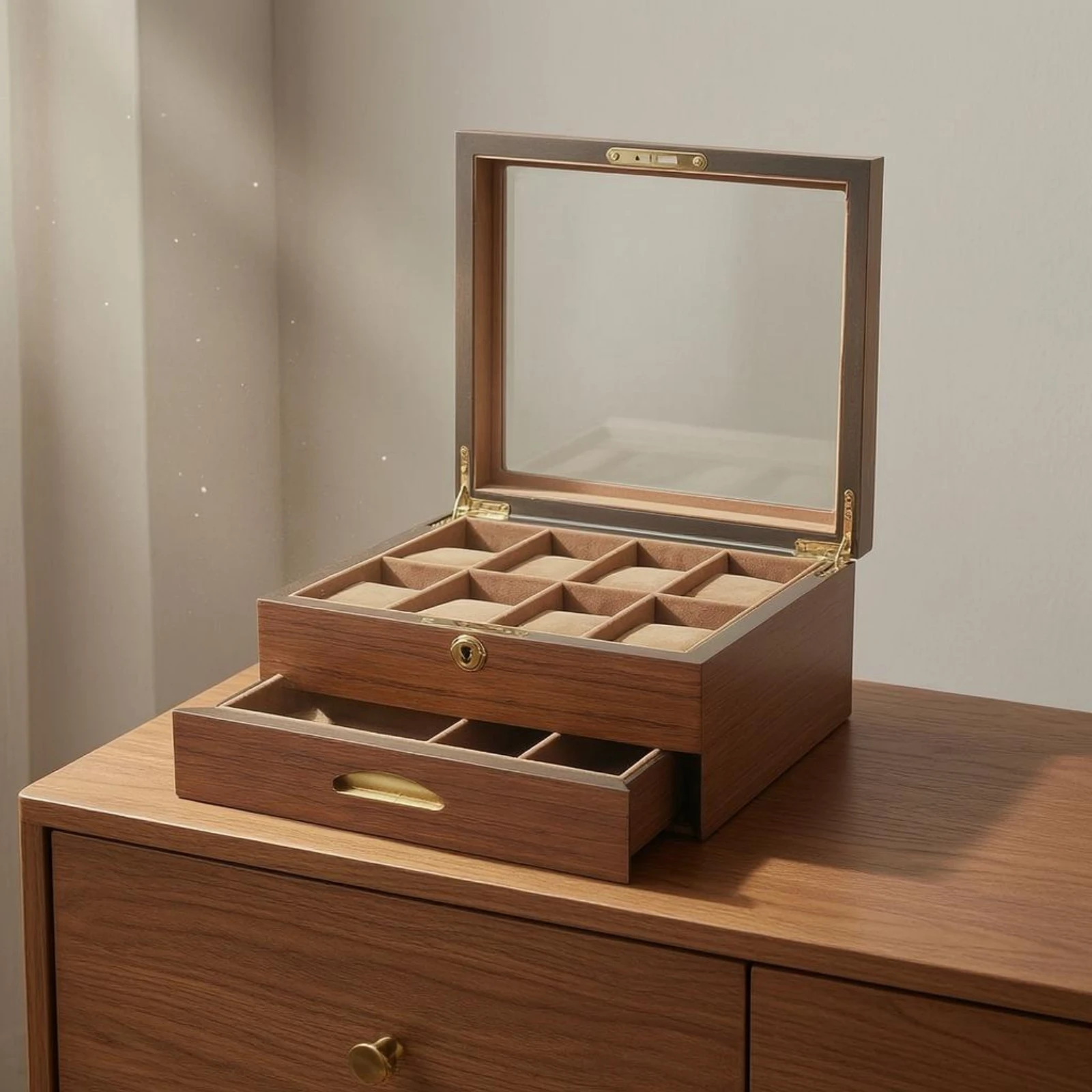 Two-Layer Watch Box Padded Slots Lockable Watch Organizer Display Jewelry Box Pull-out Drawer Divided Sections
Two-Layer Watch Box Padded Slots Lockable Watch Organizer Display Jewelry Box Pull-out Drawer Divided Sections