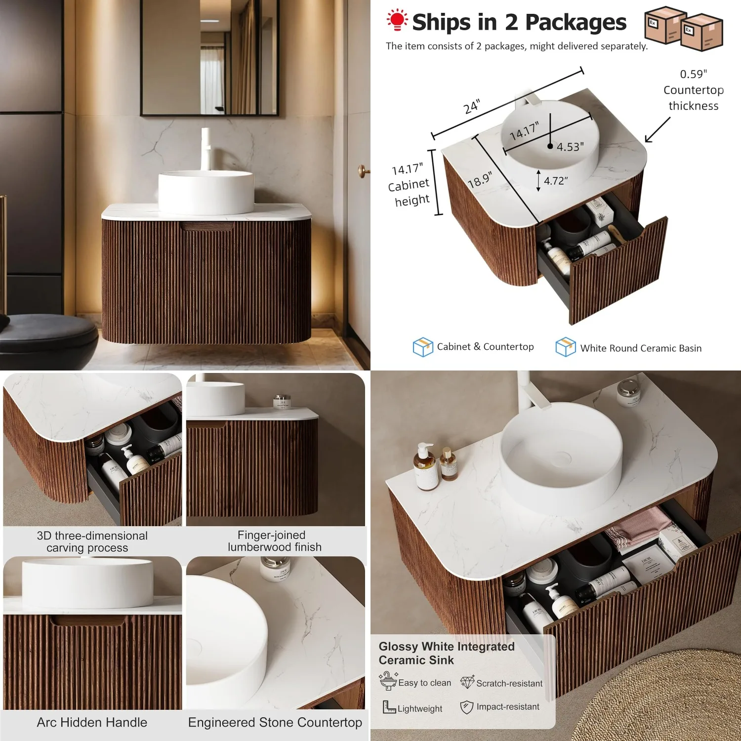 24" Floating Bathroom Vanity Wall-Mounted Ultra-Thin Ceramic Basin Marble Top Large Storage Soft-Close Dark Walnut Customized
24" Floating Bathroom Vanity Wall-Mounted Ultra-Thin Ceramic Basin Marble Top Large Storage Soft-Close Dark Walnut Customized