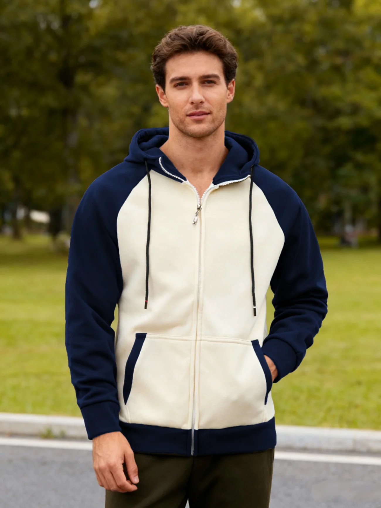 New men's casual sport color urban hooded sweatshirt with zipper closure and pockets on the bottom, top garment
New men's casual sport color urban hooded sweatshirt with zipper closure and pockets on the bottom, top garment