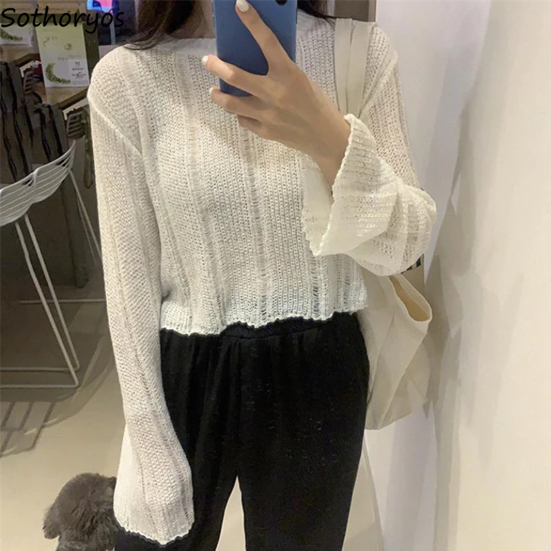 Cropped Pullovers Women Hollow Out Chic Simple Fashion Sweet Korean Style Loose All-match O-neck Leisure Autumn Ladies Sweaters 
Cropped Pullovers Women Hollow Out Chic Simple Fashion Sweet Korean Style Loose All-match O-neck Leisure Autumn Ladies Sweaters