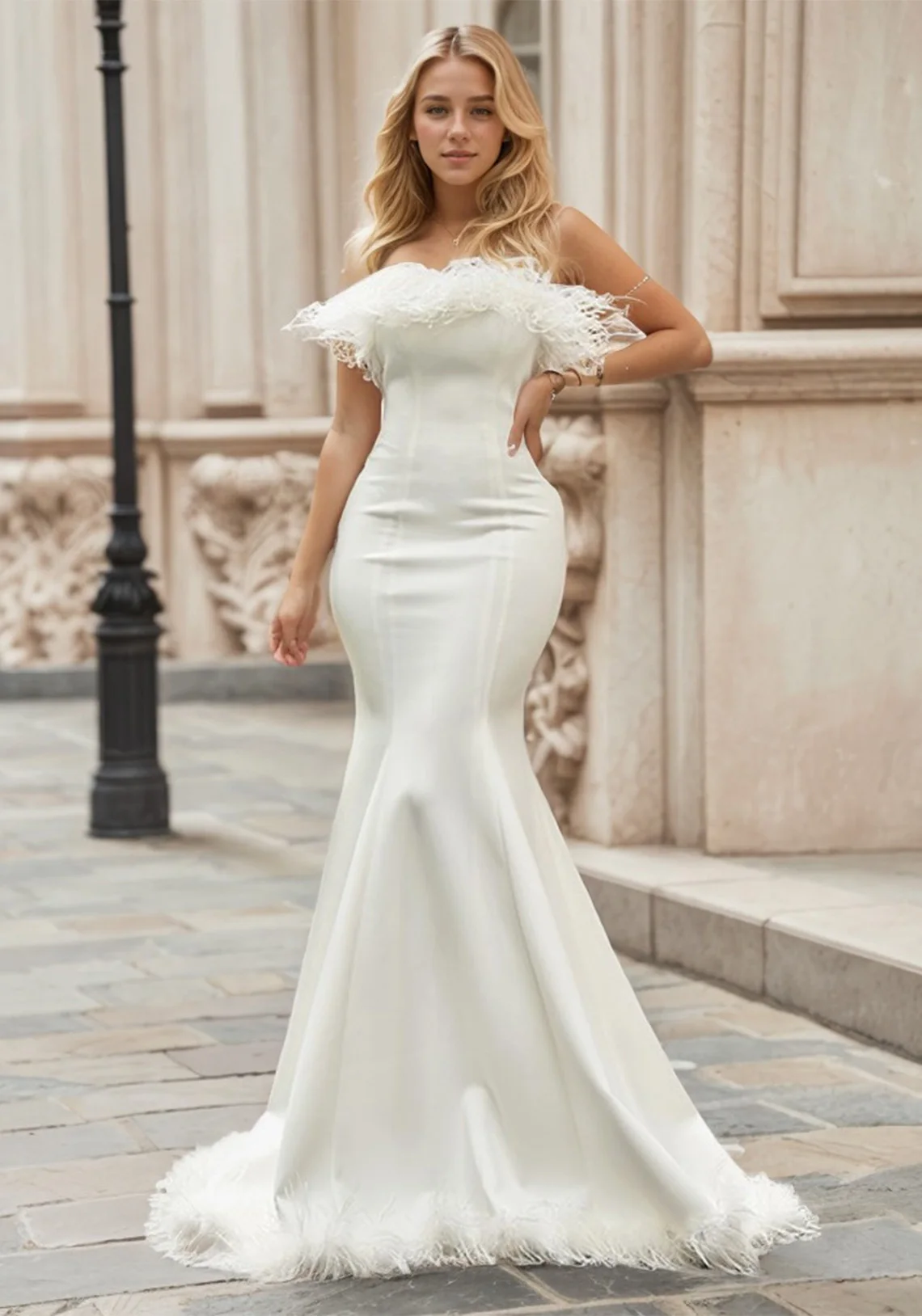 Modern Mermaid Wedding Dress Strapless Feather Embellishment Stretch Crepe Fabric Sweep Train Bridal Gown 2025 Free Customized
Modern Mermaid Wedding Dress Strapless Feather Embellishment Stretch Crepe Fabric Sweep Train Bridal Gown 2025 Free Customized
