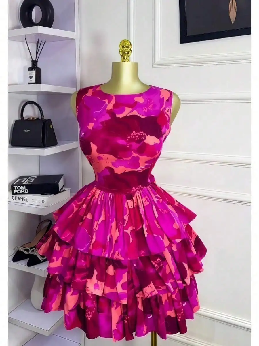 Abstract Fuchsia-Pink Sleeveless Mini Dress With Round Neck, Defined Waist And Triple Asymmetrical Ruffle Layers For Summer
Abstract Fuchsia-Pink Sleeveless Mini Dress With Round Neck, Defined Waist And Triple Asymmetrical Ruffle Layers For Summer