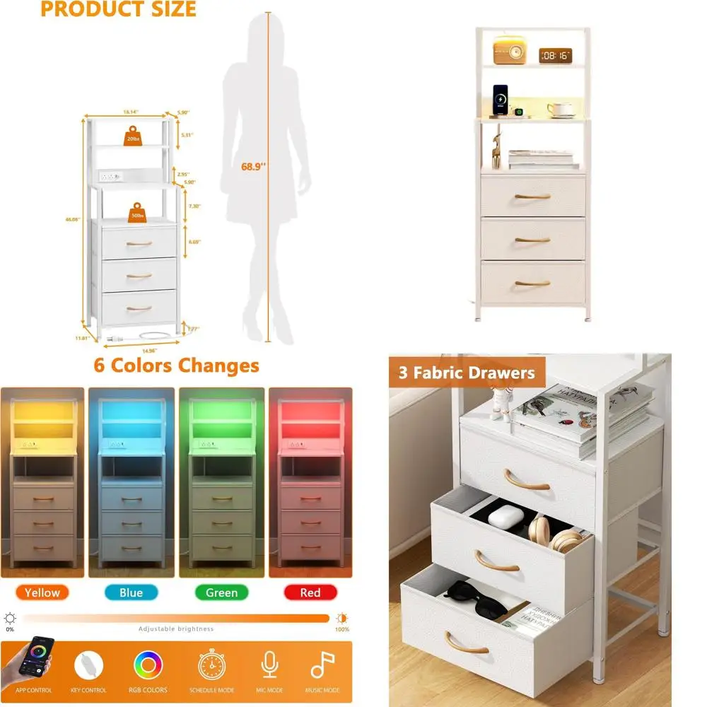 Белая 4-уровневая прикроватная тумбочка с 3 тканевыми ящиками, LED-подсветкой и зарядной станцией, идеально подходит для спальни, прихожей или офиса
Белая 4-уровневая прикроватная тумбочка с 3 тканевыми ящиками, LED-подсветкой и зарядной станцией, идеально подходит для спальни, прихожей или офиса