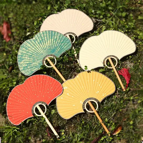 Paper Bamboo Hand Ginkgo Round Fan Wedding Painting Party Decor Art Craft Chinese Dance Fan DIY Folding Fan