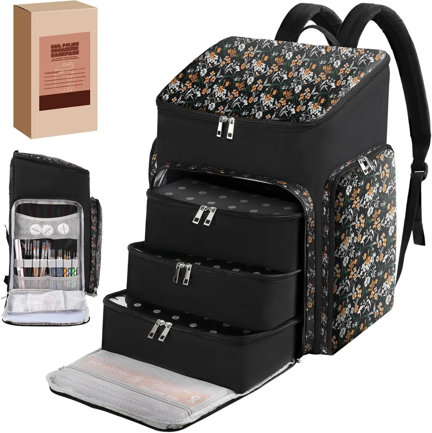 Floral Pattern Nail Polish Storage Backpack, Large Capacity Organizer Case with Multiple Compartments, Black
Floral Pattern Nail Polish Storage Backpack, Large Capacity Organizer Case with Multiple Compartments, Black