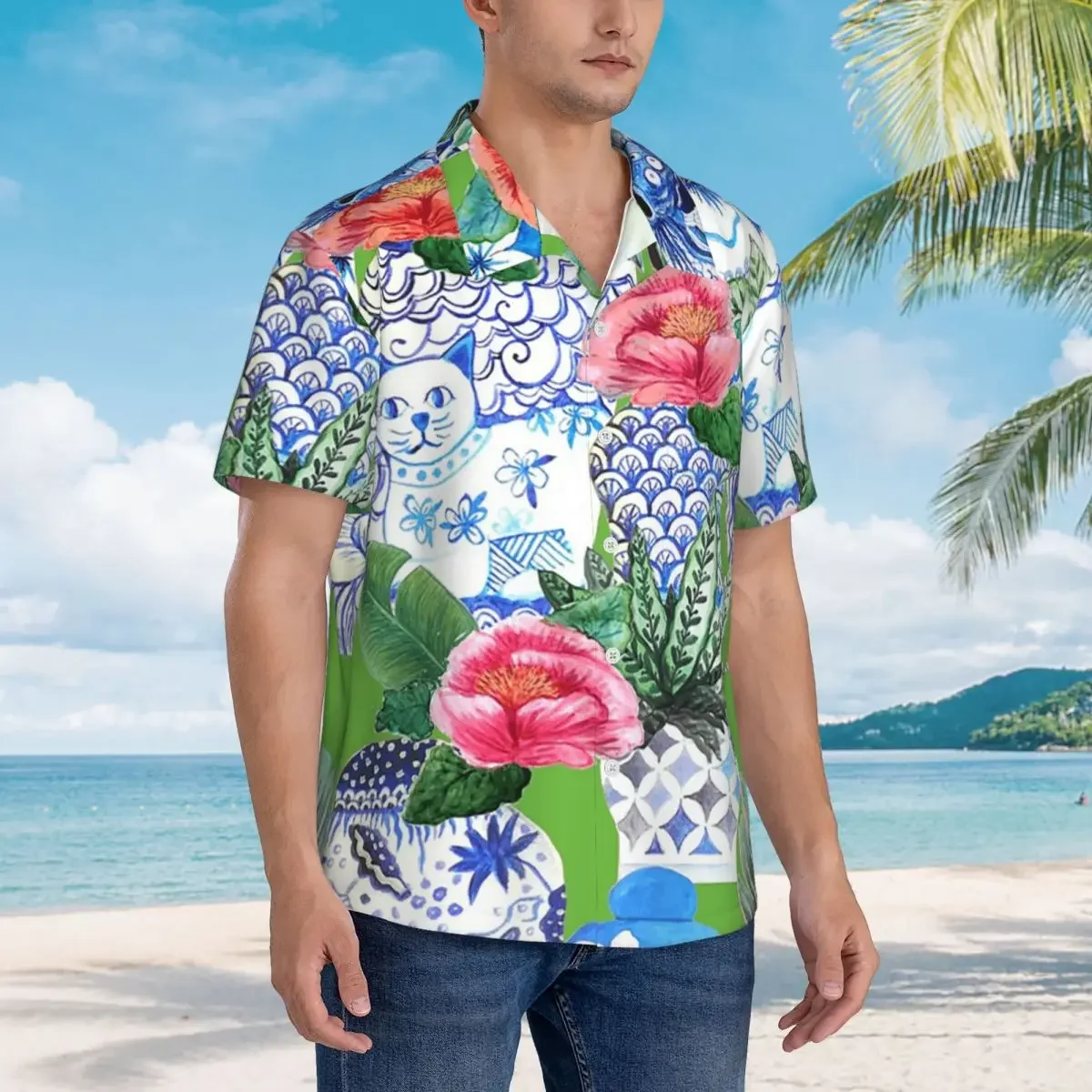 Blue And White Chinese Ginger Jars On Green, Emerald Green Chinoiserie Shirts Men Short Sleeve Shirt for Summer Beach Men's Tops
Blue And White Chinese Ginger Jars On Green, Emerald Green Chinoiserie Shirts Men Short Sleeve Shirt for Summer Beach Men's Tops
