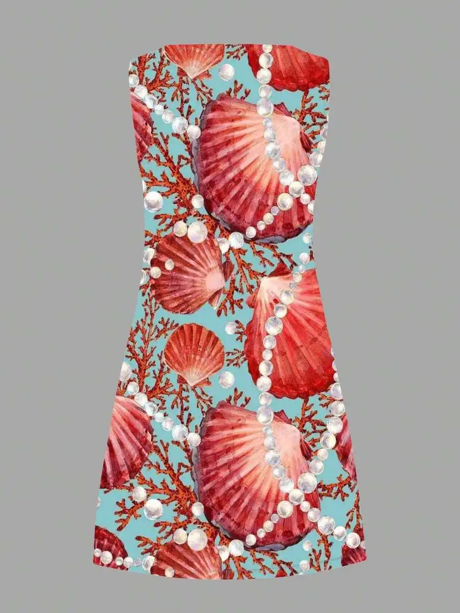 Shell Print Sleeveless Dress With Pearl Design Casual Beach Style Women Summer Outfit
Shell Print Sleeveless Dress With Pearl Design Casual Beach Style Women Summer Outfit