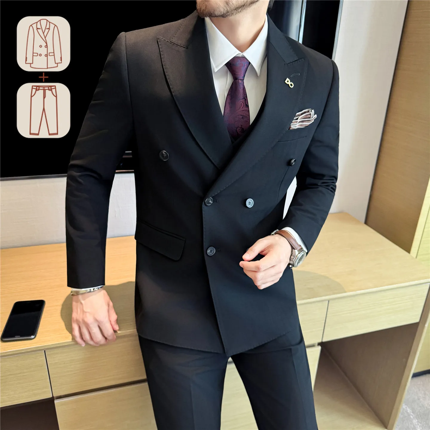 Men's Dark Stripe Double-Breasted Suit Set (Jacket + Pants), Premium Two-Piece Formal Wear, Wedding Suit Business Formal
Men's Dark Stripe Double-Breasted Suit Set (Jacket + Pants), Premium Two-Piece Formal Wear, Wedding Suit Business Formal