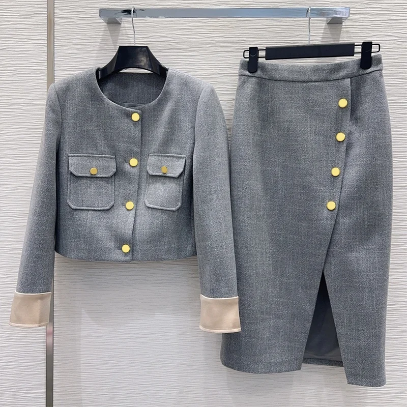 High-quality vintage elegant round-neck button-up coat + slit skirt women's two-piece sets luxury 25102219
High-quality vintage elegant round-neck button-up coat + slit skirt women's two-piece sets luxury 25102219