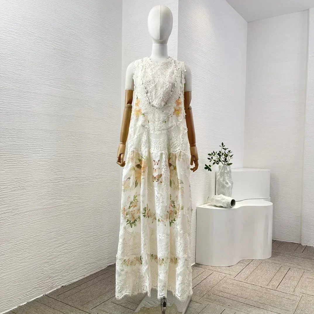 Silk Linen New Spring Summer 2024 White Floral Print Lace Patchwork Sleeveless Hollow Out High Quality Women Midi Dress
Silk Linen New Spring Summer 2024 White Floral Print Lace Patchwork Sleeveless Hollow Out High Quality Women Midi Dress