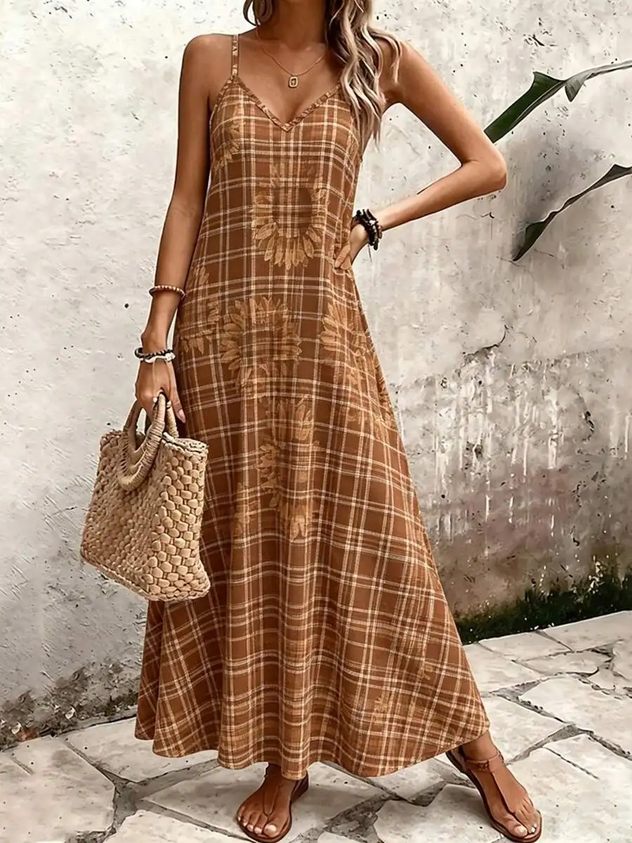Plaid And Sunflower Print Women Spaghetti Strap Maxi Dress Polyester Lightweight Breathable Casual Dress
Plaid And Sunflower Print Women Spaghetti Strap Maxi Dress Polyester Lightweight Breathable Casual Dress