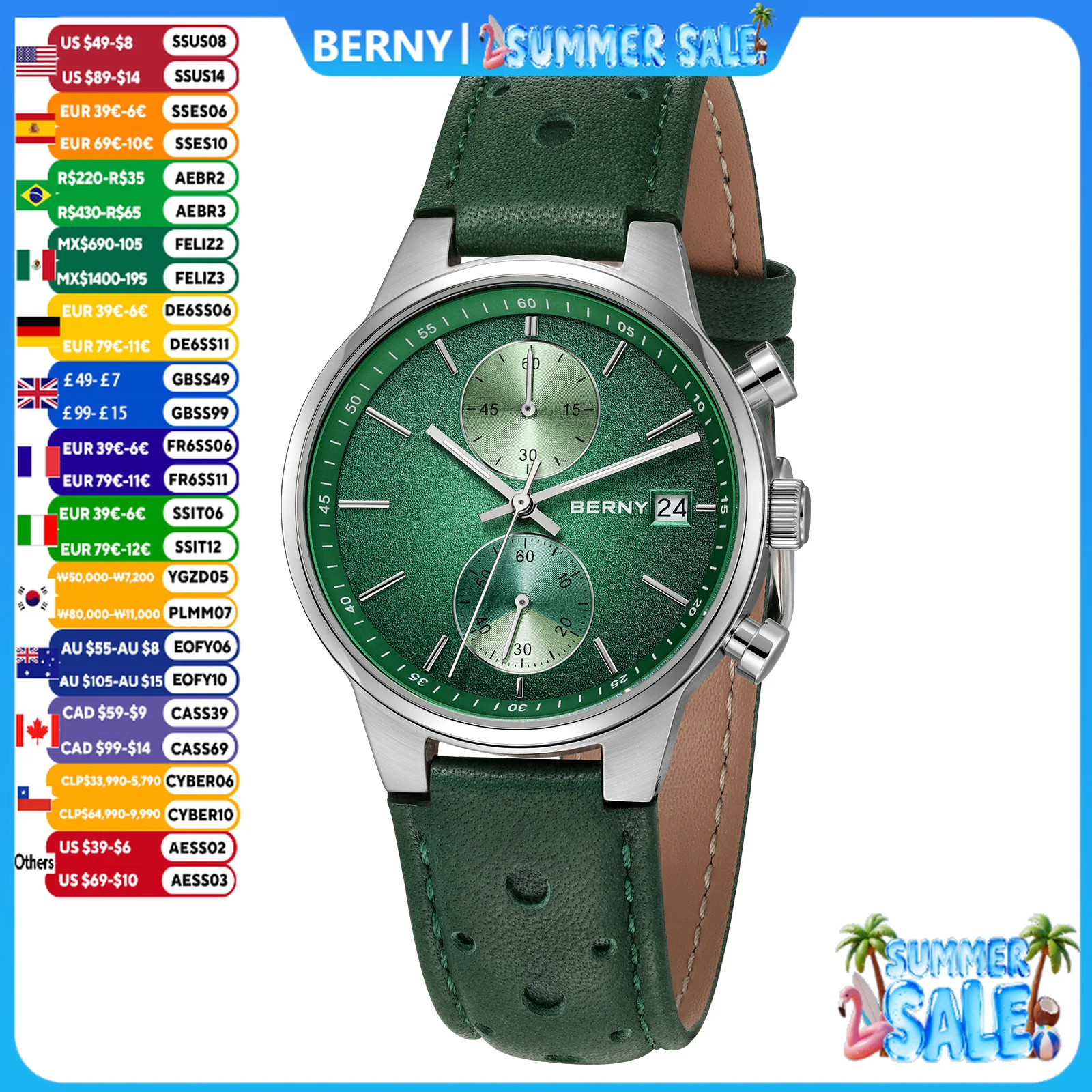 BERNY Watches for Men Multi-function Chronograph Luminous Date Quartz Men's Watch Colorful Leather Strap Sports Wristwatch
BERNY Watches for Men Multi-function Chronograph Luminous Date Quartz Men's Watch Colorful Leather Strap Sports Wristwatch