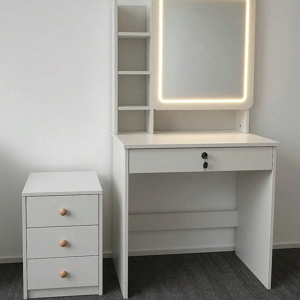 Туалетный столик для макияжа Съемная прикроватная тумбочка Раздвижное зеркало с задним хранилищем Большое хранилище Широкие ящики с замком
Туалетный столик для макияжа Съемная прикроватная тумбочка Раздвижное зеркало с задним хранилищем Большое хранилище Широкие ящики с замком