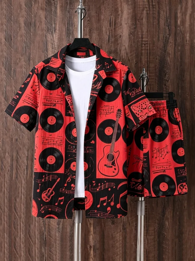 Men's Short Sleeve Shirt & Shorts Set, Loose Comfort Red Black Music Vinyl Print Casual Summer Outfit
Men's Short Sleeve Shirt & Shorts Set, Loose Comfort Red Black Music Vinyl Print Casual Summer Outfit