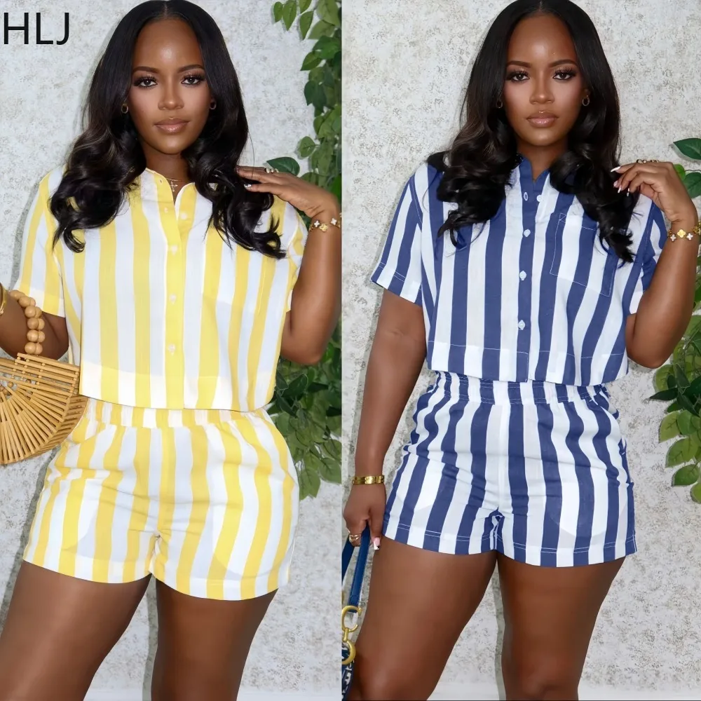 HLJ Casual Striped Patchwork 2 Piece Set Women Short Sleeve Button Down Crop Top + High Waist Shorts Matching Female Streetwear
HLJ Casual Striped Patchwork 2 Piece Set Women Short Sleeve Button Down Crop Top + High Waist Shorts Matching Female Streetwear
