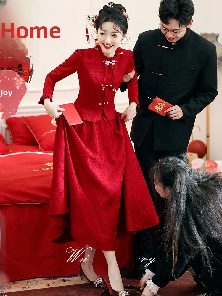 New Chinese Sle Engagement Dr White Enhancing Red Wine Color Long Sve Wedding Gown for Brides Vintage Sle
New Chinese Sle Engagement Dr White Enhancing Red Wine Color Long Sve Wedding Gown for Brides Vintage Sle