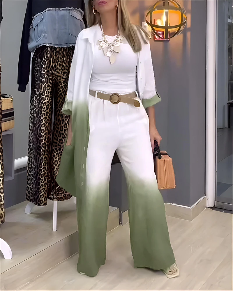 2025 Elegant 2 Pieces New Fashion Outfit Ombre Print Long Sleeve Blouse and Casual High Waist Wide Leg Pants Set (Without Belt)
2025 Elegant 2 Pieces New Fashion Outfit Ombre Print Long Sleeve Blouse and Casual High Waist Wide Leg Pants Set (Without Belt)