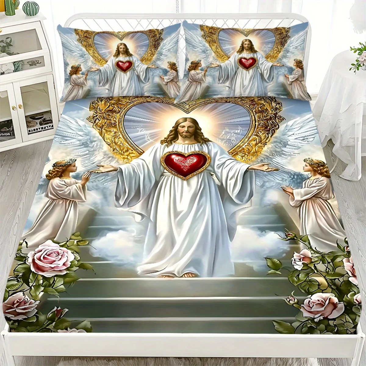 3pcs Bedding Set with a Religious Pattern Featuring Sacred Heart Angels, Including a Fitted Sheet And Two Pillowcases
3pcs Bedding Set with a Religious Pattern Featuring Sacred Heart Angels, Including a Fitted Sheet And Two Pillowcases