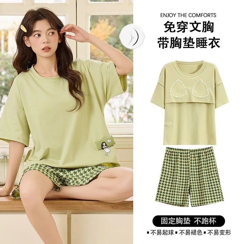 Women's Cotton Pajamas Set Short Sleeve Shorts Summer Built-in Bra Pad Breathable Loose New Loungewear Sleepwear pijama mujer
Women's Cotton Pajamas Set Short Sleeve Shorts Summer Built-in Bra Pad Breathable Loose New Loungewear Sleepwear pijama mujer