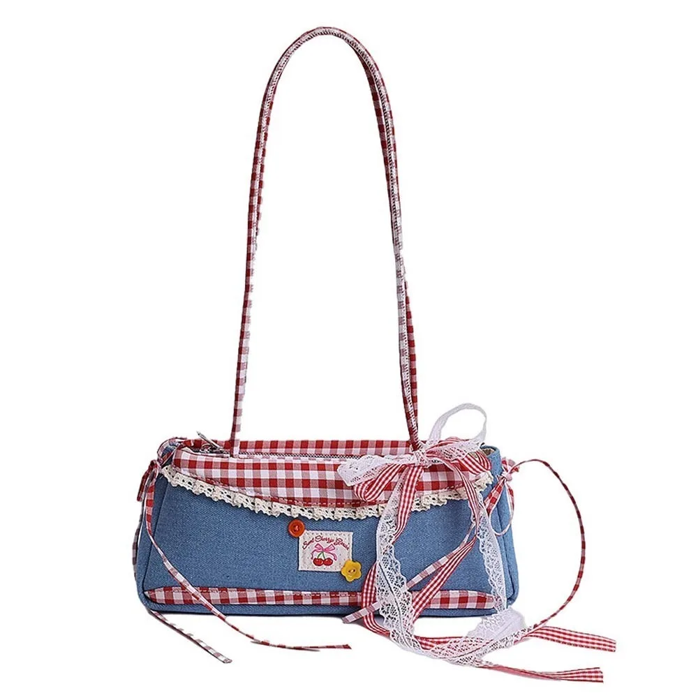 Portable Sweet French Stick Handbag Bow Denim Blue Plaid Shoulder Bag Contrast Color Lace Ribbon Cloth Underarm Bags School
Portable Sweet French Stick Handbag Bow Denim Blue Plaid Shoulder Bag Contrast Color Lace Ribbon Cloth Underarm Bags School