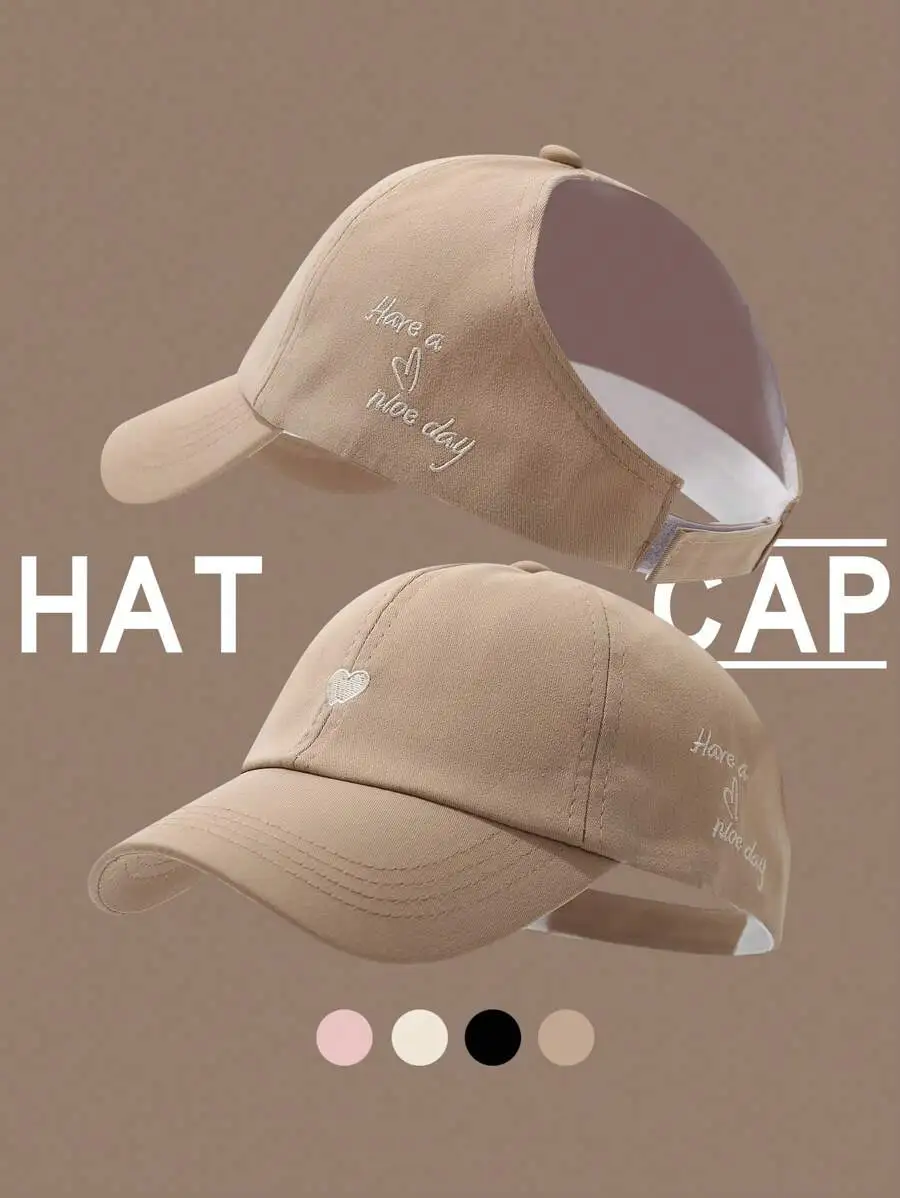 Womens Heart Embroidery Ponytail Baseball Cap With Sun Visor For Summer