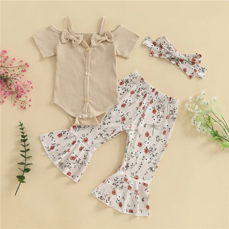 Newborn Baby Girls Clothes Sets Infant Fashion Short Sleeve Off Shoulder Romper + Floral Flare Pants + Headband Outfits
Newborn Baby Girls Clothes Sets Infant Fashion Short Sleeve Off Shoulder Romper + Floral Flare Pants + Headband Outfits