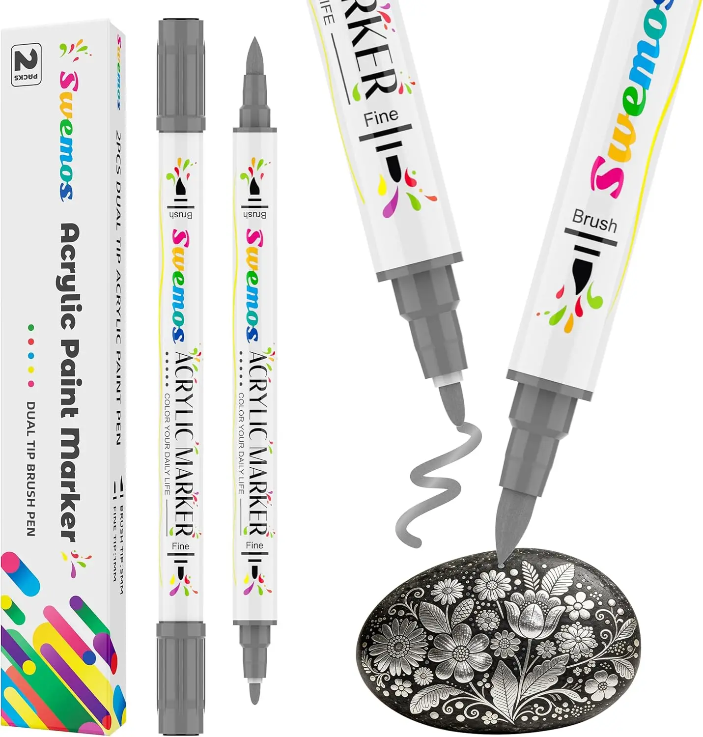 2Pcs Silver Acrylic Paint Pens, Dual Tip Brush & Fine, Waterproof for Rock, Canvas, Wood, Glass, Metal
2Pcs Silver Acrylic Paint Pens, Dual Tip Brush & Fine, Waterproof for Rock, Canvas, Wood, Glass, Metal