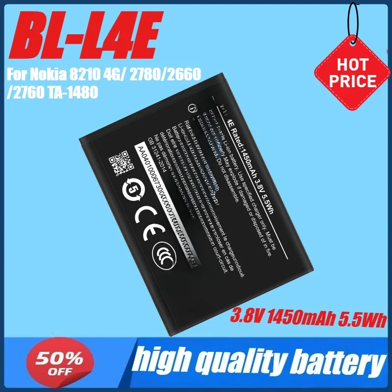3.8V 1450mAh 5.5Wh BL-L4E Battery For Nokia 8210 4G/ 2780/2660/2760 TA-1480 Flip Phone
3.8V 1450mAh 5.5Wh BL-L4E Battery For Nokia 8210 4G/ 2780/2660/2760 TA-1480 Flip Phone