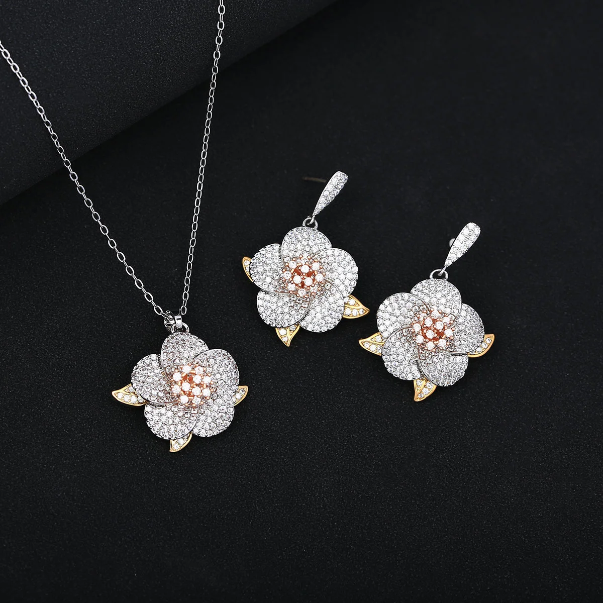 Two-tone Flower Jewelry Set: Necklace & Drop Earrings with Micro Pave Stones, Women's Fashion Jewelry
Two-tone Flower Jewelry Set: Necklace & Drop Earrings with Micro Pave Stones, Women's Fashion Jewelry