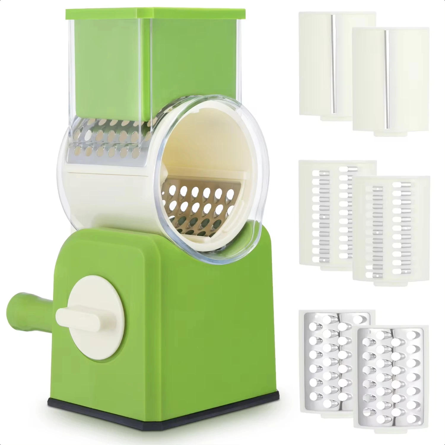 3 in 1 Rotary Cheese Grater, Manual Vegetable Slicer, Shredder with Handle & Strong Suction Base, 3 Interchangeable Blades
3 in 1 Rotary Cheese Grater, Manual Vegetable Slicer, Shredder with Handle & Strong Suction Base, 3 Interchangeable Blades
