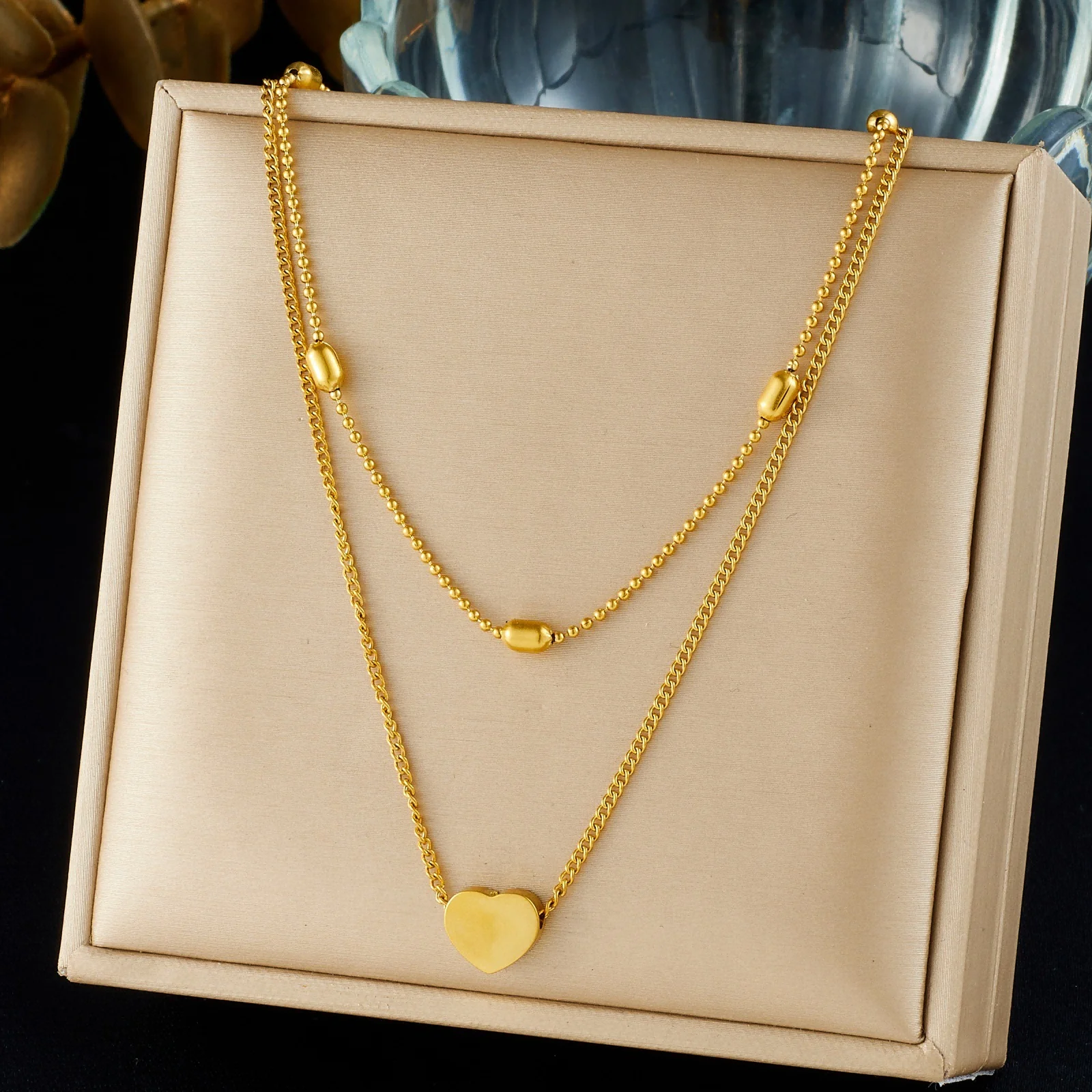 18K Gold Plated Heart Layered Necklace, Double Chain with Beaded Accents, Delicate Stainless Steel Statement Jewelry
18K Gold Plated Heart Layered Necklace, Double Chain with Beaded Accents, Delicate Stainless Steel Statement Jewelry