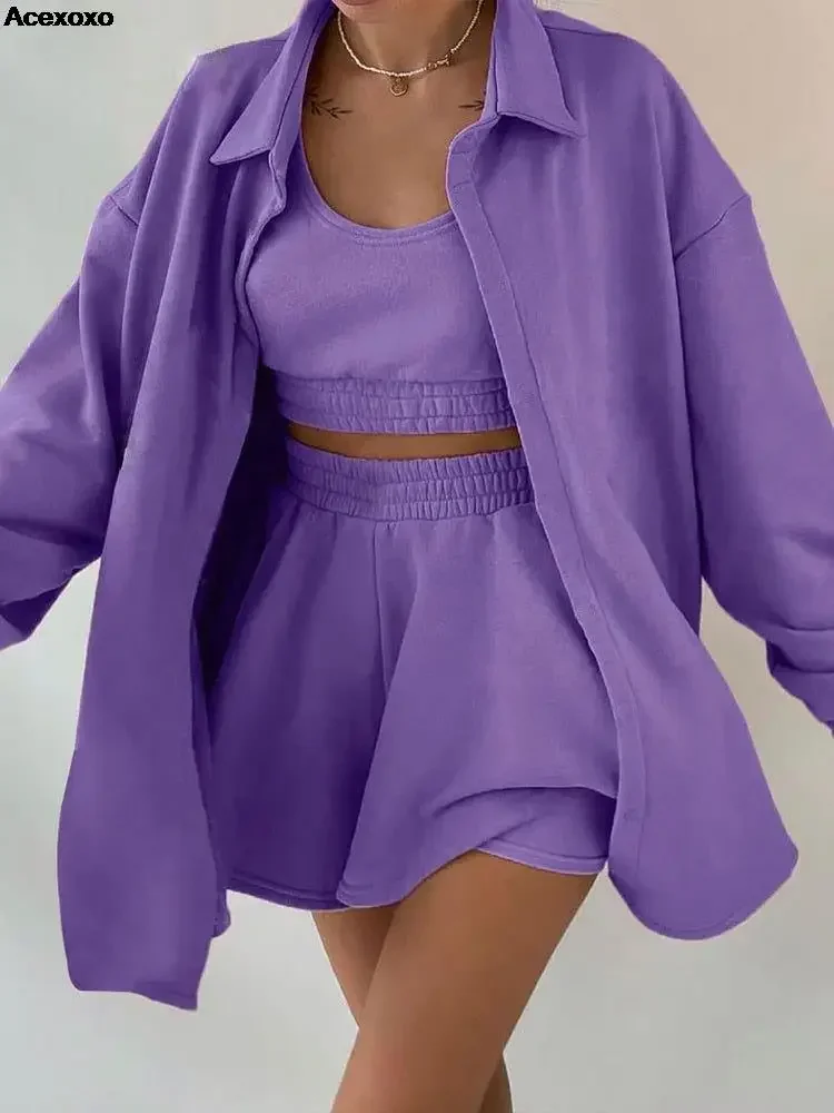 Summer new female fashion casual fleece long-sleeved shorts vest three-piece set
Summer new female fashion casual fleece long-sleeved shorts vest three-piece set